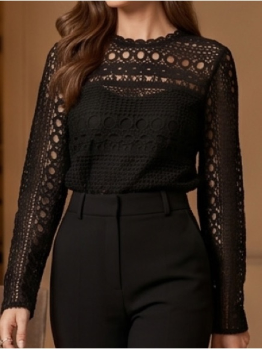 Boohoo Black Crochet Lace High Neck Long Sleeve Blouse